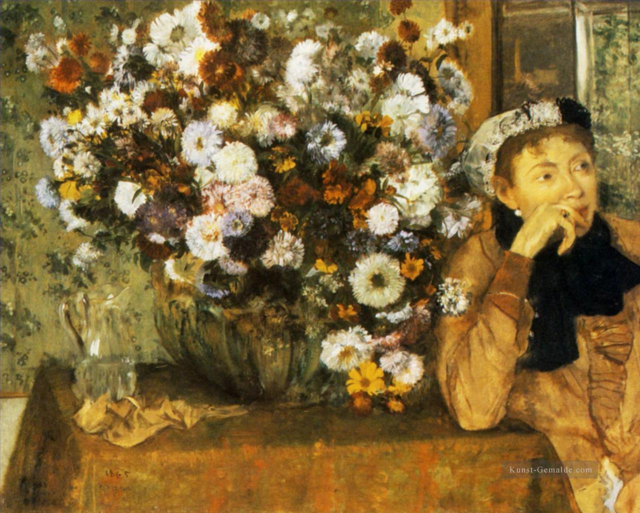 eine Frau neben einer Vase mit Blumen 1865 Edgar Degas saß Ölgemälde